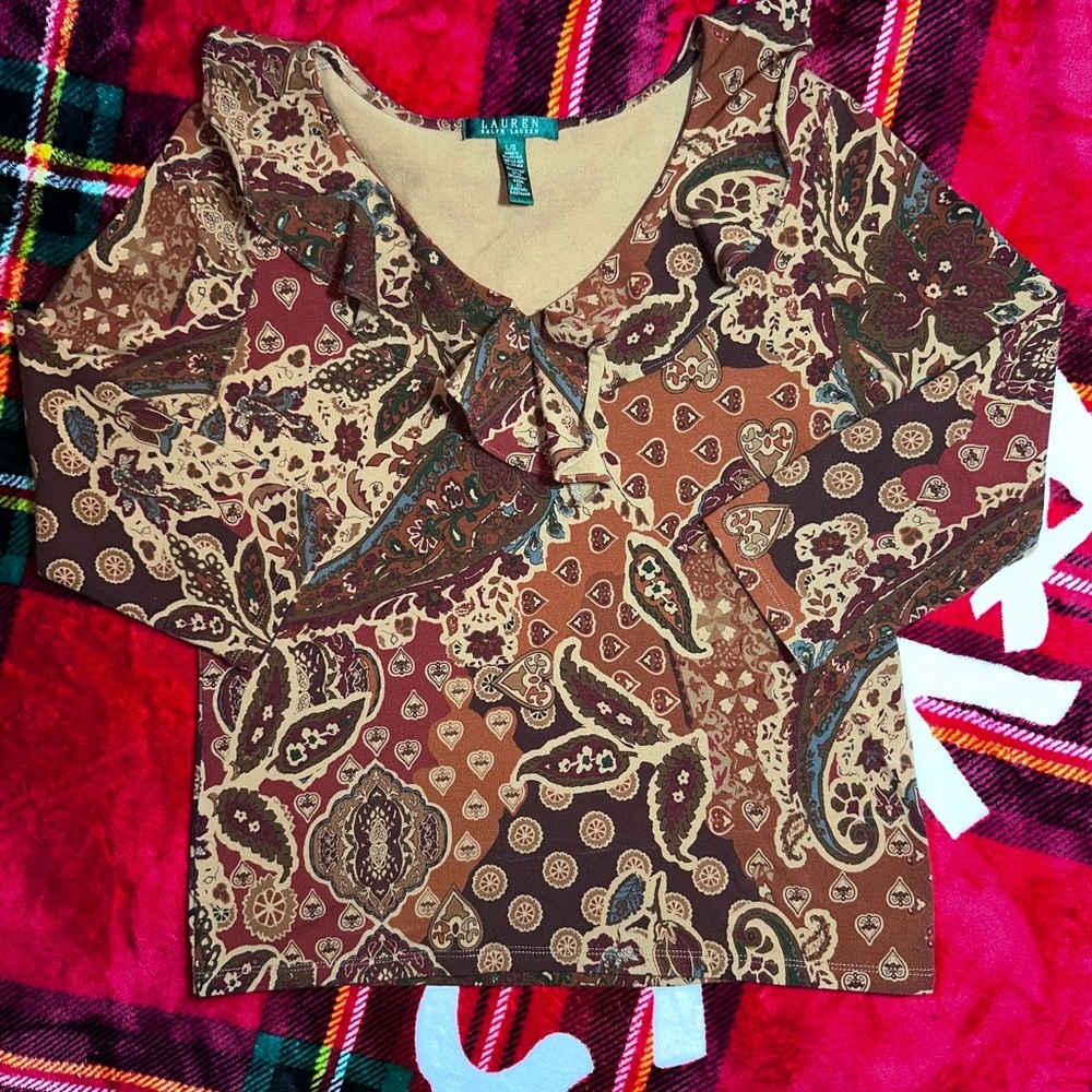 Lauren Ralph Lauren Paisley Ruffle-Neck Top (Size L) Farmhouse Cottagecore - Picture 2 of 6